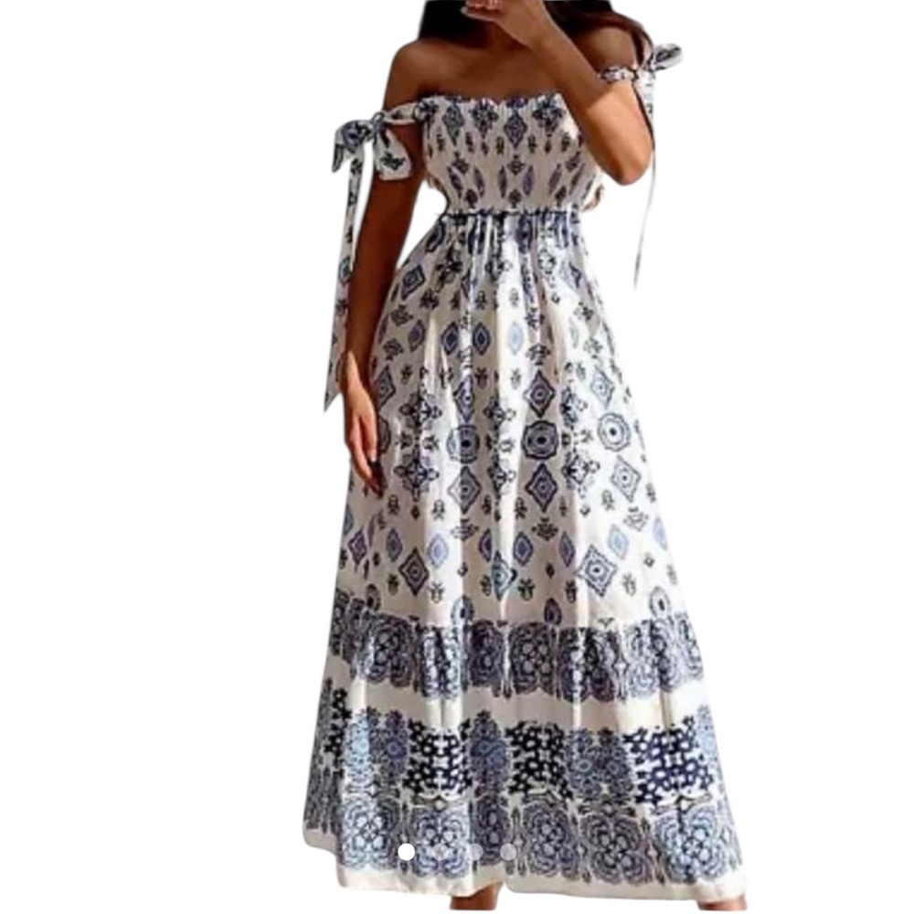 Zara 100% Linen Smocked Midi Boho Printed‎ Summer Dress